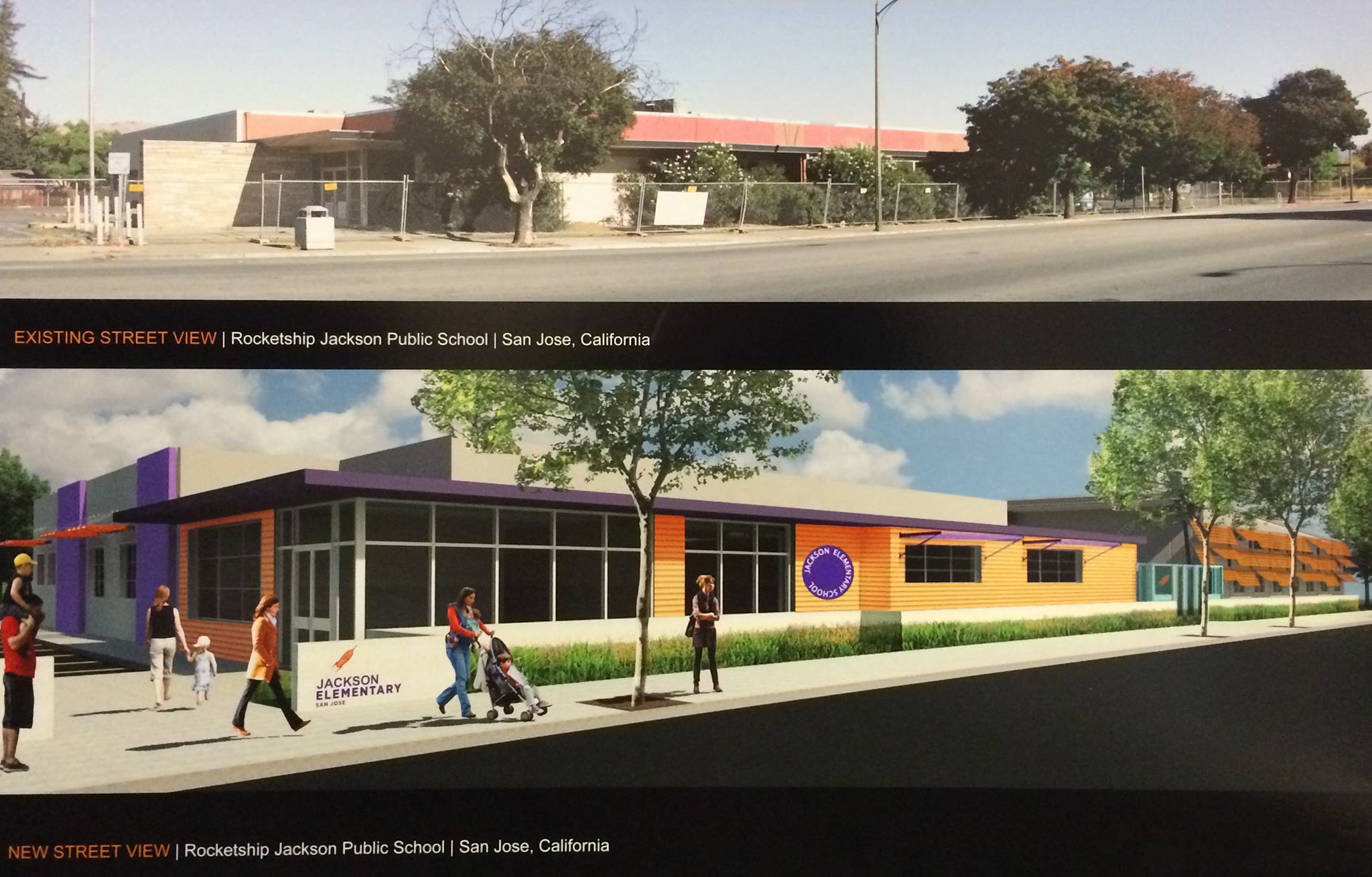 A rendering of Fuerza Community Prep below a photo of the post office before Rocketship began construction.